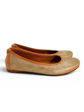 Trask Piper Gold Metallic Brush Off Natural Vachetta Leather Flats